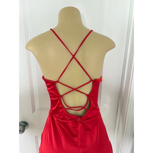 Red Satin Spaghetti Strap Criss-Cross Back Bodycon Mini Dress - Womens M - Picture 4 of 4